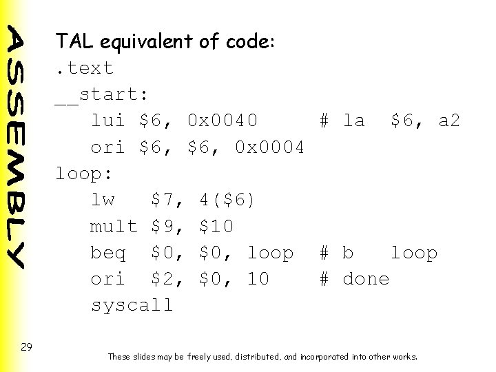 TAL equivalent of code: . text __start: lui $6, 0 x 0040 # la
