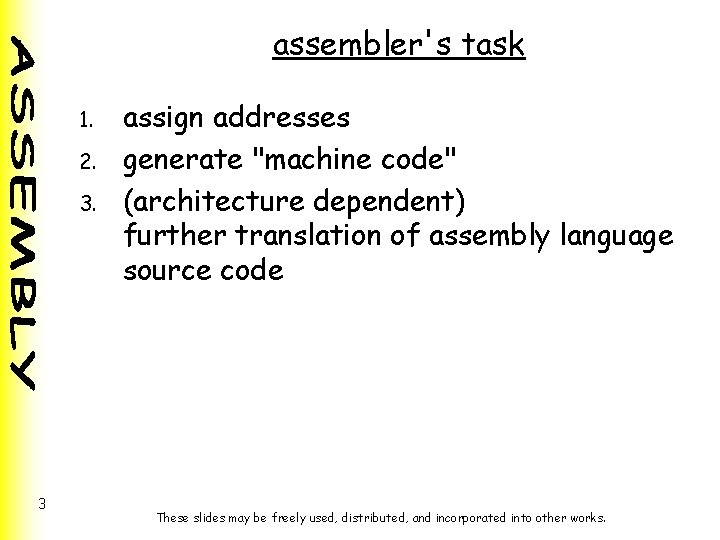 assembler's task 1. 2. 3. 3 assign addresses generate "machine code" (architecture dependent) further