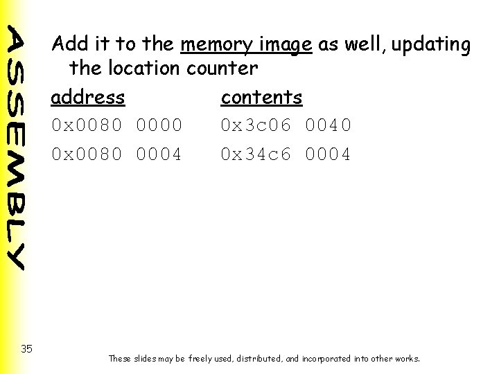 Add it to the memory image as well, updating the location counter address contents Add it to the memory image as well, updating the location counter address contents
