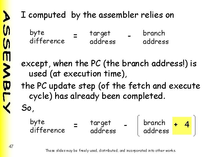 I computed by the assembler relies on byte difference = target address - branch