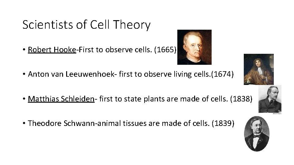 Scientists of Cell Theory • Robert Hooke-First to observe cells. (1665) • Anton van