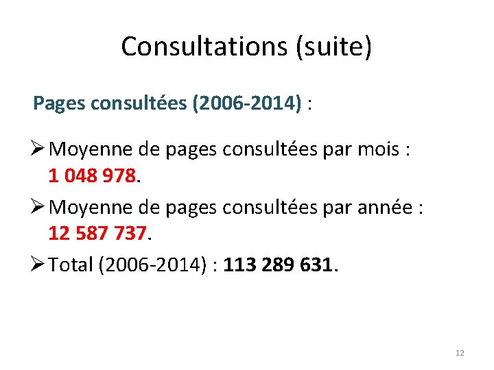 Consultations (suite) Pages consultées (2006 -2014) : Ø Moyenne de pages consultées par mois