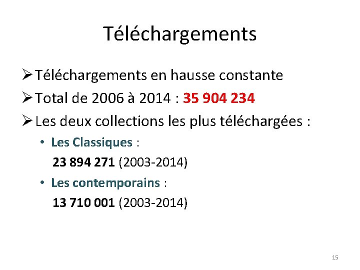 Téléchargements Ø Téléchargements en hausse constante Ø Total de 2006 à 2014 : 35