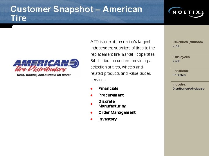 Customer Snapshot – American Tire ATD is one of the nation's largest Revenues (Millions):