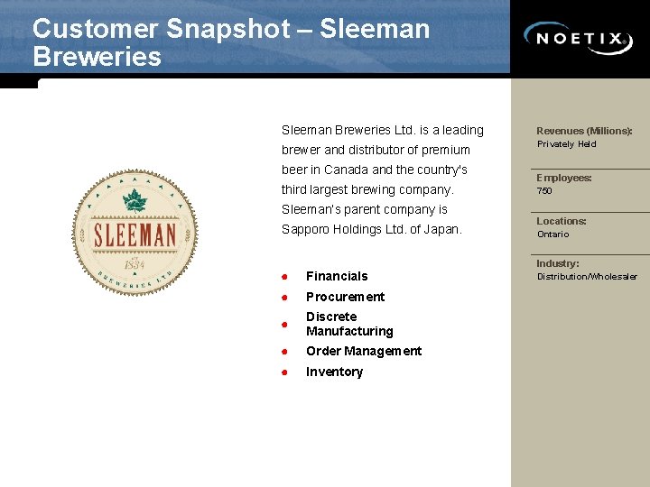 Customer Snapshot – Sleeman Breweries Ltd. is a leading Revenues (Millions): brewer and distributor