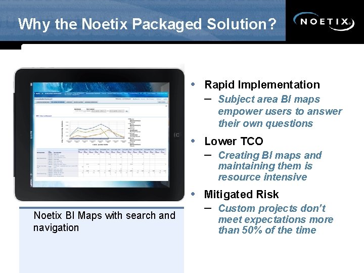 Why the Noetix Packaged Solution? • Rapid Implementation – Subject area BI maps empower