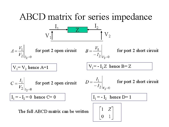 ABCD matrix for series impedance I 1 V 1 Z for port 2 open
