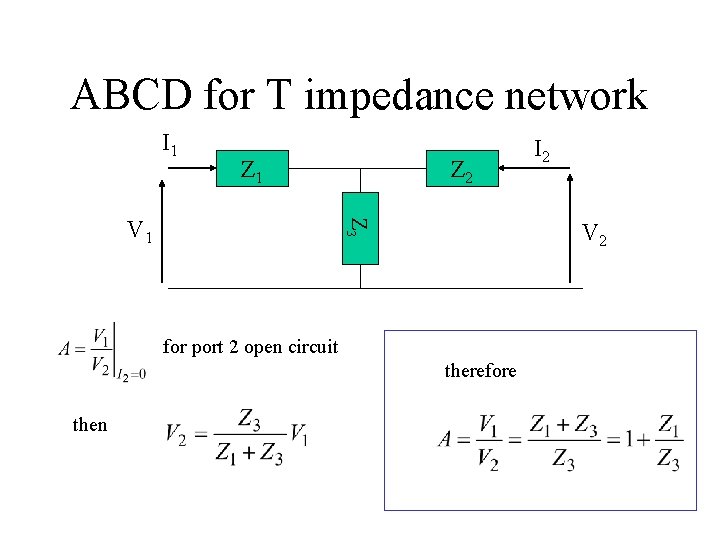 ABCD for T impedance network I 1 Z 3 V 1 Z 2 V