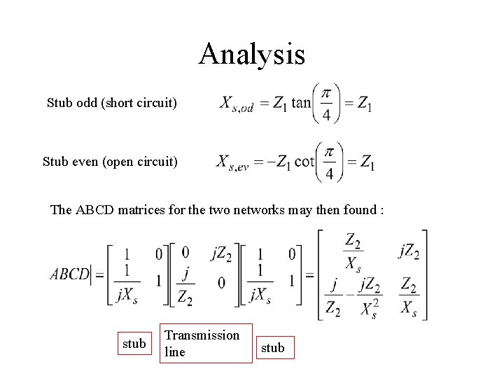 Analysis Stub odd (short circuit) Stub even (open circuit) The ABCD matrices for the