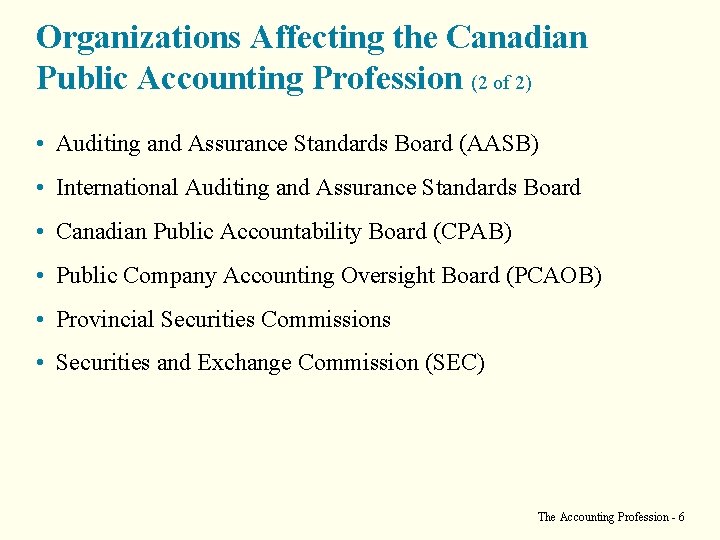 Organizations Affecting the Canadian Public Accounting Profession (2 of 2) • Auditing and Assurance