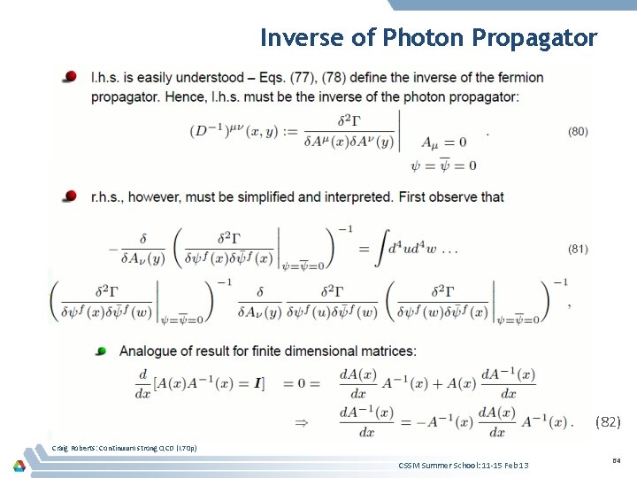 Inverse of Photon Propagator (82) Craig Roberts: Continuum strong QCD (I. 70 p) CSSM