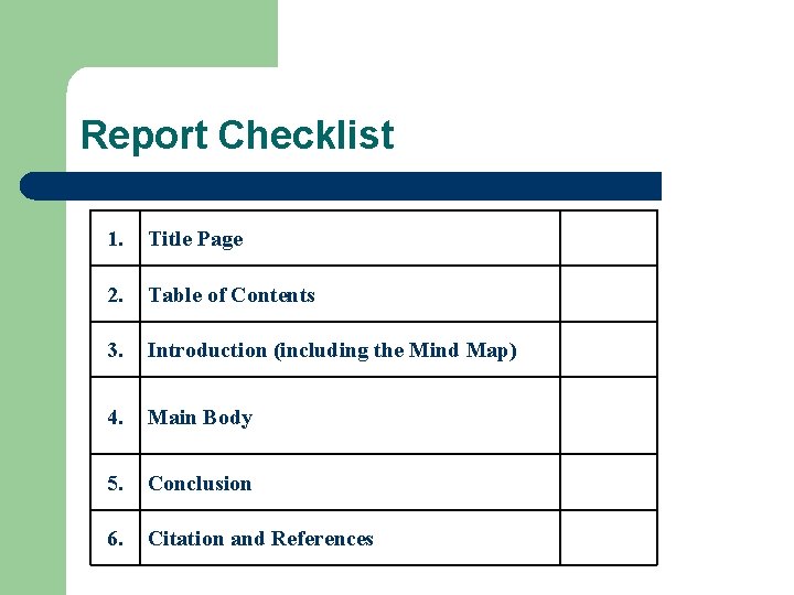 Report Checklist 1. Title Page 2. Table of Contents 3. Introduction (including the Mind