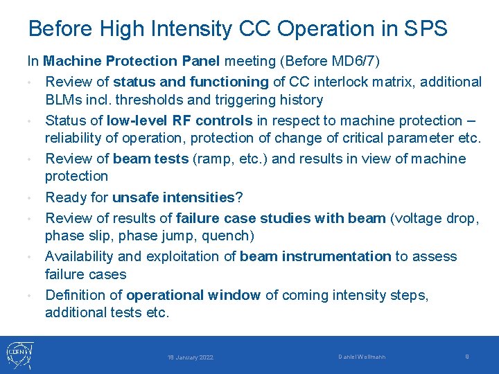 Before High Intensity CC Operation in SPS In Machine Protection Panel meeting (Before MD