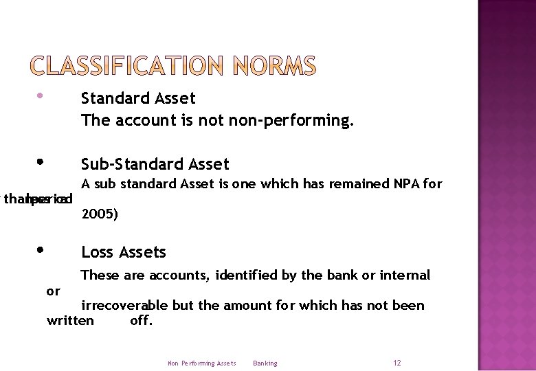  Standard Asset The account is not non-performing. Sub-Standard Asset r thanless period a