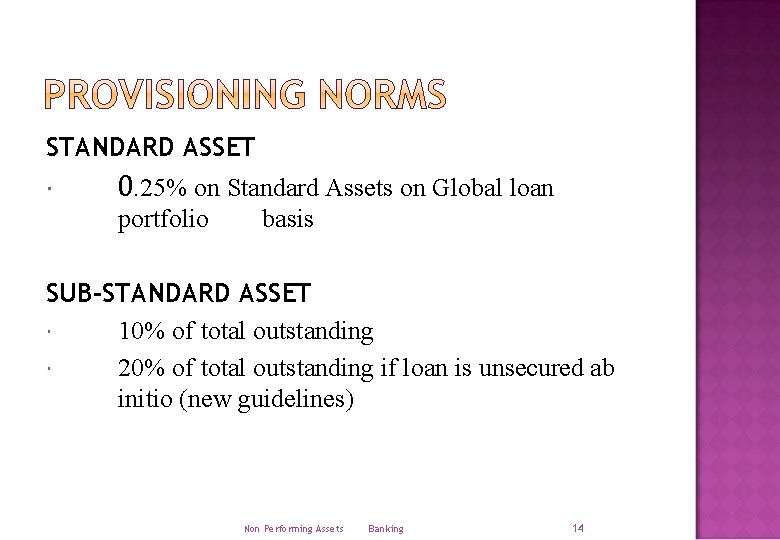 STANDARD ASSET 0. 25% on Standard Assets on Global loan portfolio basis SUB-STANDARD ASSET