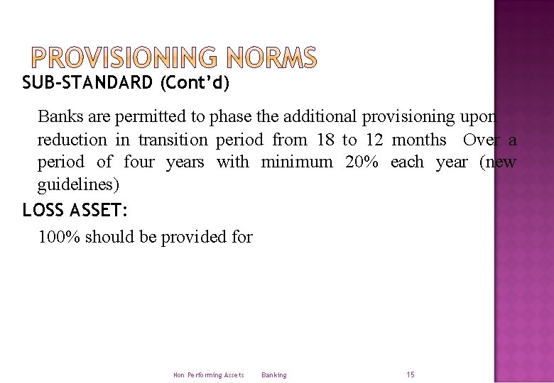 SUB-STANDARD (Cont’d) Banks are permitted to phase the additional provisioning upon reduction in transition