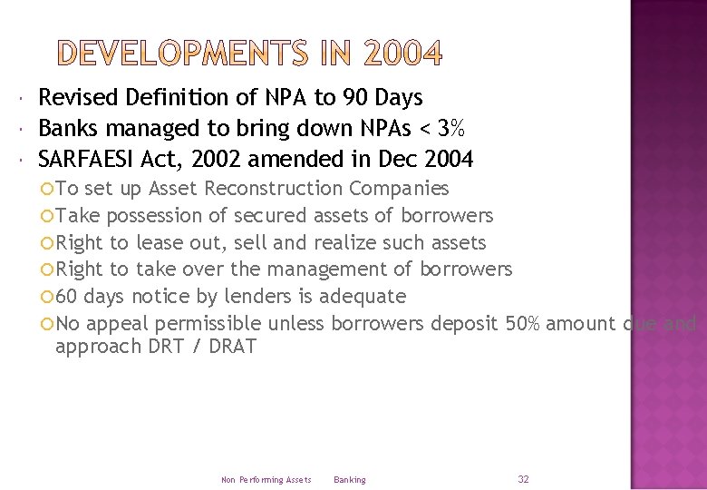  Revised Definition of NPA to 90 Days Banks managed to bring down NPAs