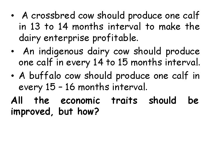  • A crossbred cow should produce one calf in 13 to 14 months