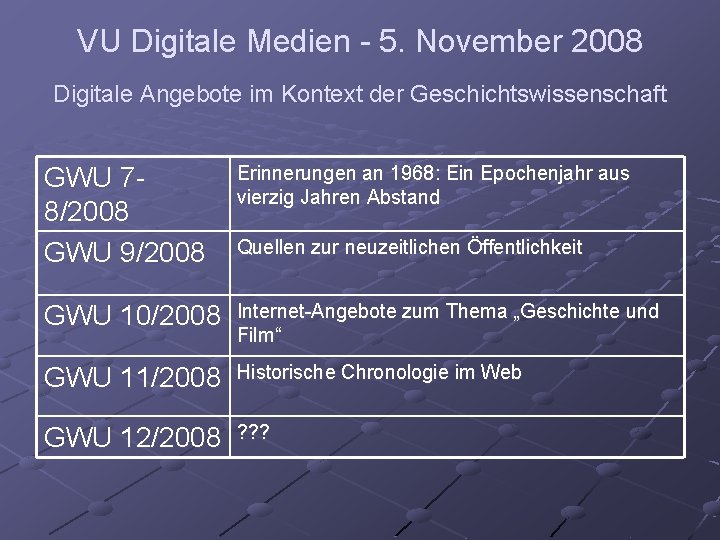 VU Digitale Medien - 5. November 2008 Digitale Angebote im Kontext der Geschichtswissenschaft GWU