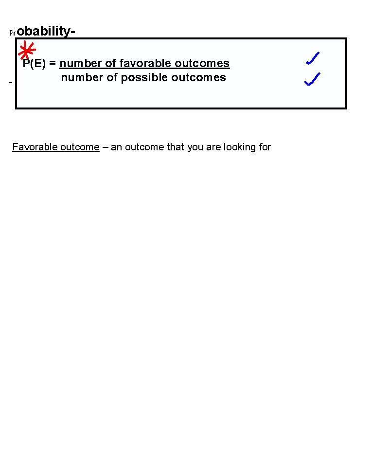 Probability- P(E) = number of favorable outcomes number of possible outcomes Favorable outcome –