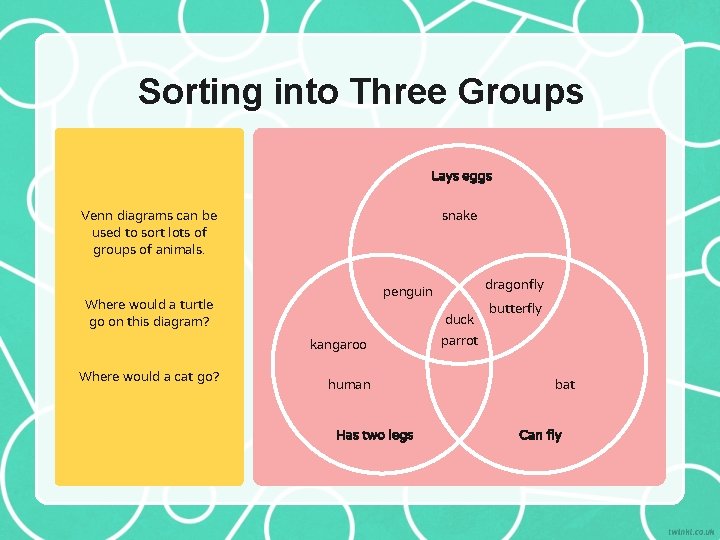 Sorting into Three Groups Lays eggs Venn diagrams can be used to sort lots