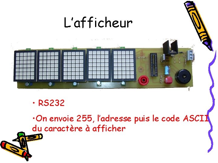 L’afficheur • RS 232 • On envoie 255, l’adresse puis le code ASCII du