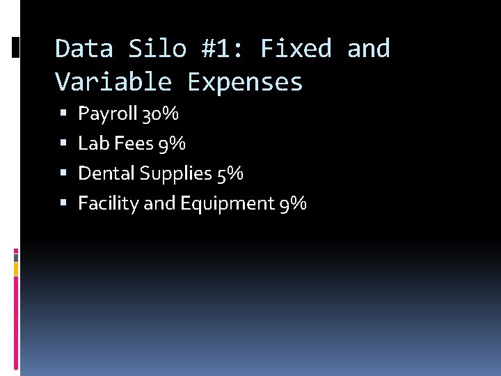 Data Silo #1: Fixed and Variable Expenses Payroll 30% Lab Fees 9% Dental Supplies