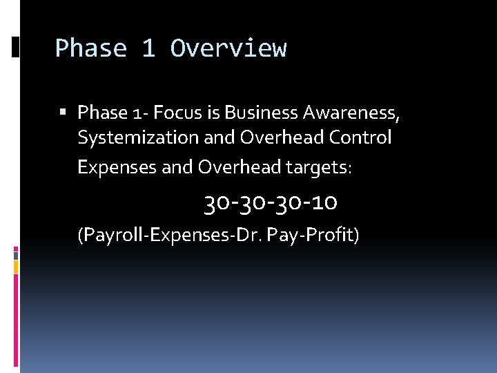 Phase 1 Overview Phase 1 - Focus is Business Awareness, Systemization and Overhead Control