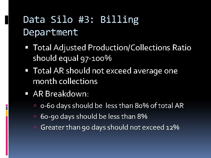 Data Silo #3: Billing Department Total Adjusted Production/Collections Ratio should equal 97 -100% Total