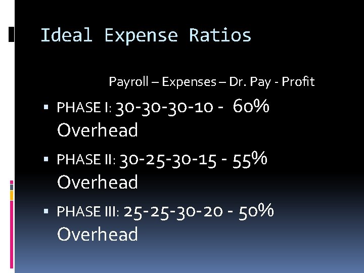 Ideal Expense Ratios Payroll – Expenses – Dr. Pay - Profit PHASE I: 30