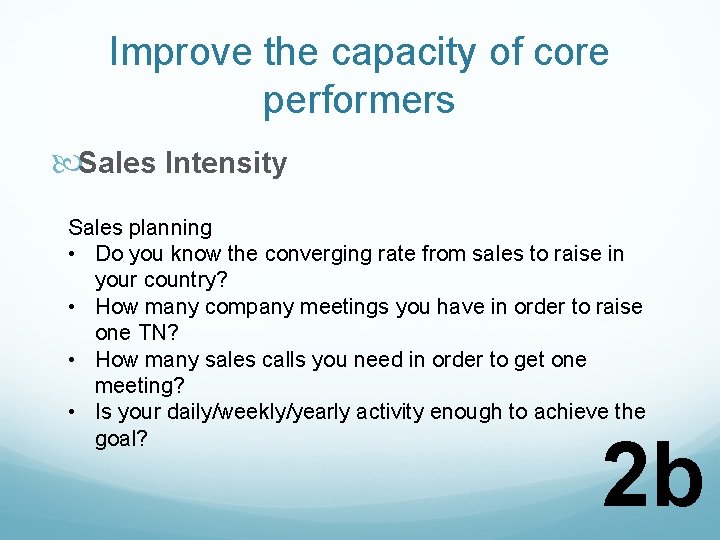 Improve the capacity of core performers Sales Intensity Sales planning • Do you know