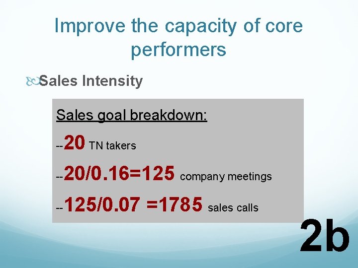 Improve the capacity of core performers Sales Intensity Sales goal breakdown: -- 20 TN