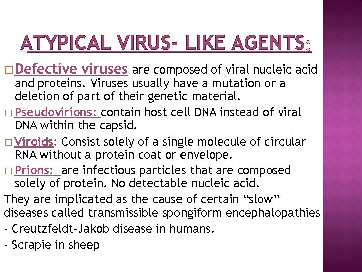 ATYPICAL VIRUS- LIKE AGENTS � Defective viruses are composed of viral nucleic acid and