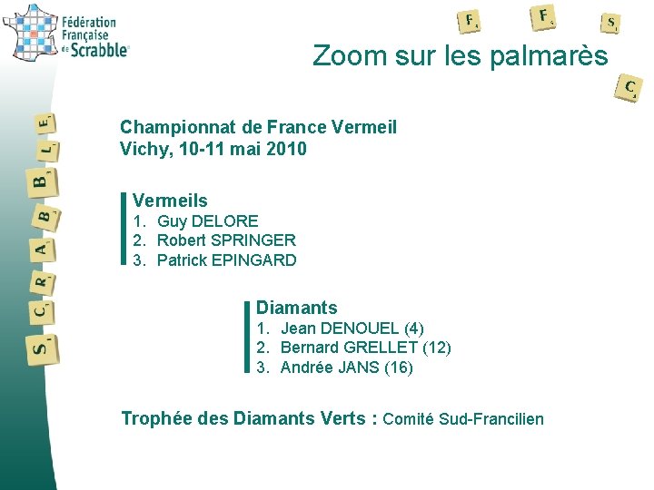 Zoom sur les palmarès Championnat de France Vermeil Vichy, 10 -11 mai 2010 Vermeils