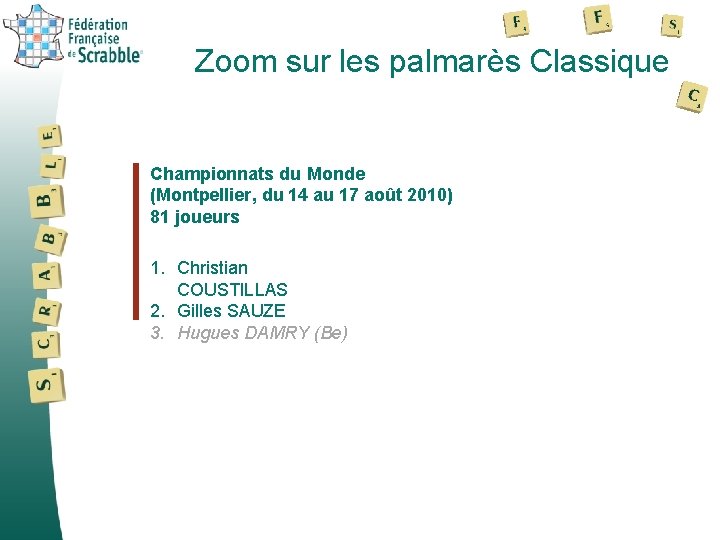 Zoom sur les palmarès Classique Championnats du Monde (Montpellier, du 14 au 17 août