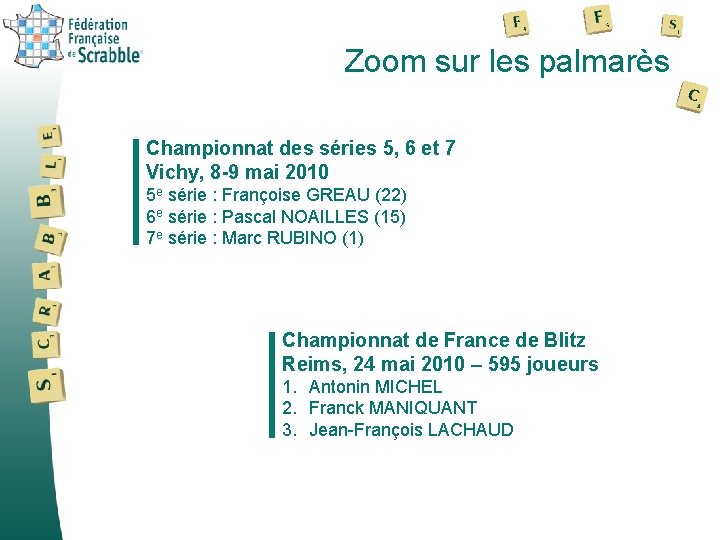 Zoom sur les palmarès Championnat des séries 5, 6 et 7 Vichy, 8 -9