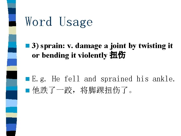 Word Usage n 3) sprain: v. damage a joint by twisting it or bending