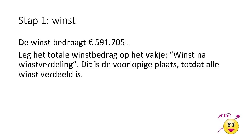 Stap 1: winst De winst bedraagt € 591. 705. Leg het totale winstbedrag op