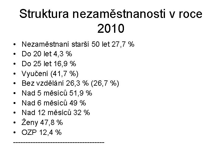 Struktura nezaměstnanosti v roce 2010 • Nezaměstnaní starší 50 let 27, 7 % •