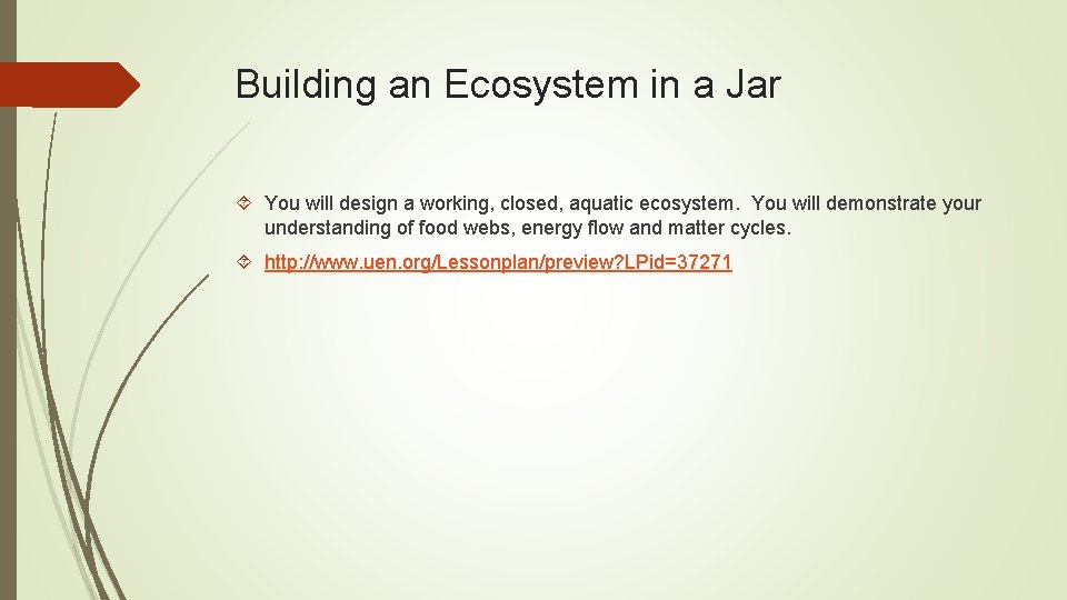 Building an Ecosystem in a Jar You will design a working, closed, aquatic ecosystem. Building an Ecosystem in a Jar You will design a working, closed, aquatic ecosystem.