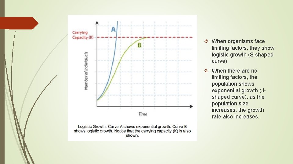 When organisms face limiting factors, they show logistic growth (S-shaped curve) When there When organisms face limiting factors, they show logistic growth (S-shaped curve) When there