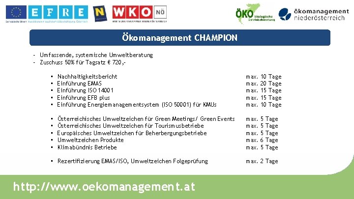 Ökomanagement CHAMPION - Umfassende, systemische Umweltberatung - Zuschuss 50% für Tagsatz € 720, •