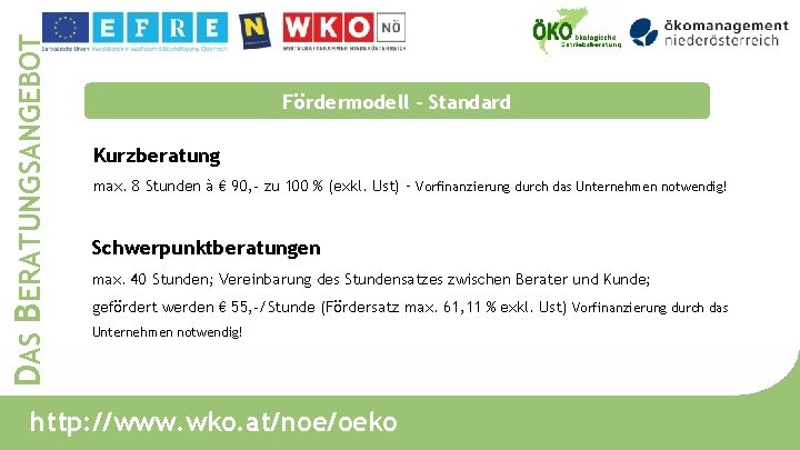 DAS BERATUNGSANGEBOT Fördermodell - Standard Kurzberatung max. 8 Stunden à € 90, - zu