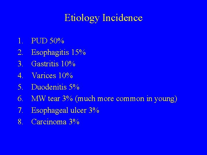 Etiology Incidence 1. 2. 3. 4. 5. 6. 7. 8. PUD 50% Esophagitis 15%
