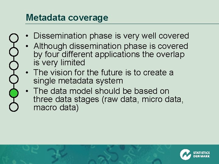 Metadata coverage • Dissemination phase is very well covered • Although dissemination phase is