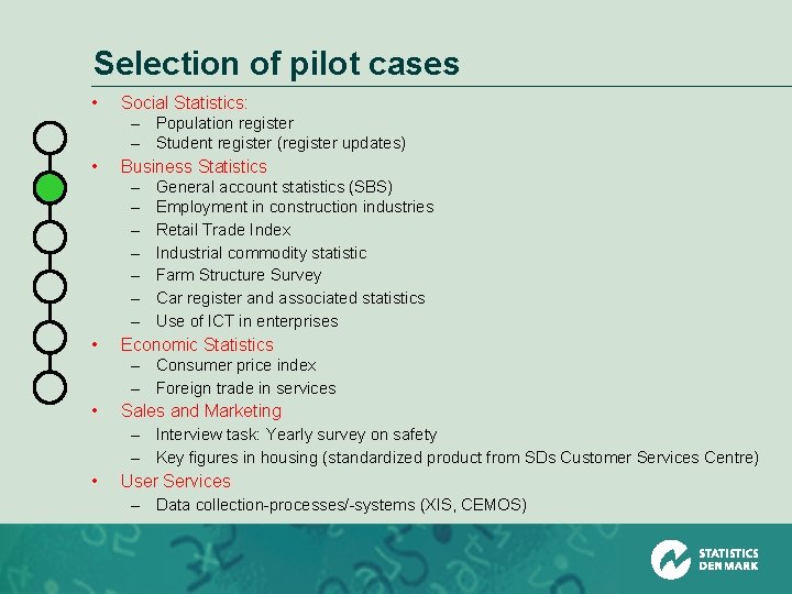 Selection of pilot cases • • • Social Statistics: – Population register – Student