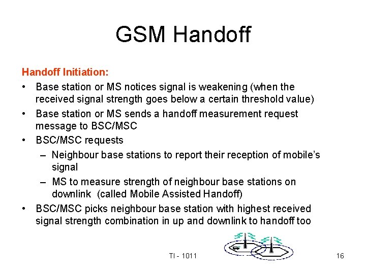 GSM Handoff Initiation: • Base station or MS notices signal is weakening (when the