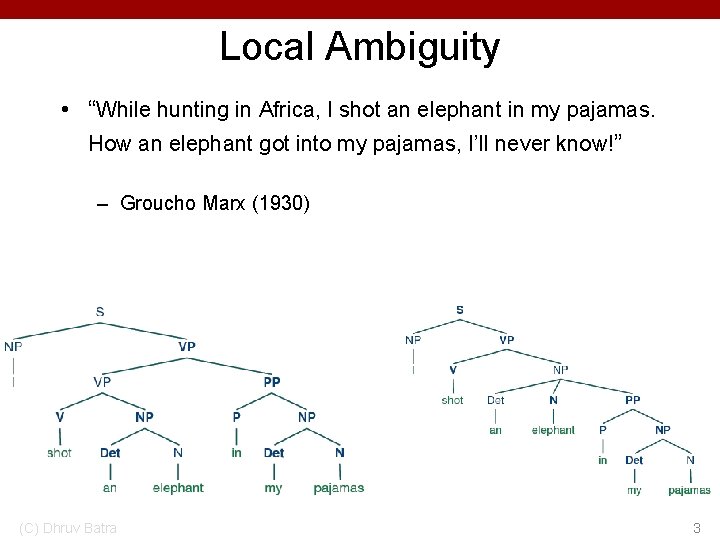 Local Ambiguity • “While hunting in Africa, I shot an elephant in my pajamas.