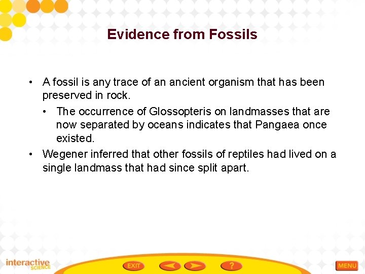 Evidence from Fossils • A fossil is any trace of an ancient organism that