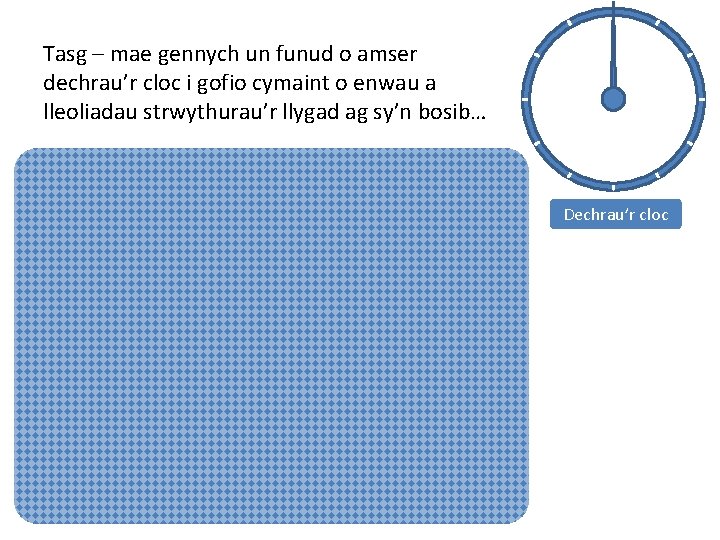 Tasg – mae gennych un funud o amser dechrau’r cloc i gofio cymaint o